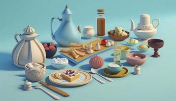 Iftar meals and gatherings, pastel colors, on blue background. Creativity of human.3d render and illustration, Generate Ai photo