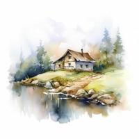 cottage in mountains,  water color, pastel color with white background, generat ai photo