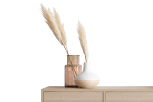 Beige side table with vases and pampas grass isolated on a transparent background png