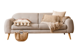 Gray sofa with cushions, blanket and woven handbag isolated on a transparent background png