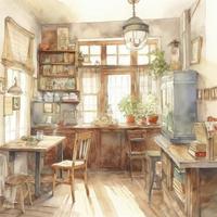 light watercolor, interior of a cozy cafe on white background, Generate Ai photo
