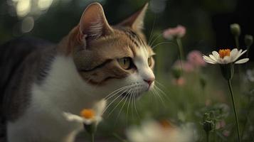 un juguetón gato persiguiendo un mariposa alrededor un jardín lleno de flores, generar ai foto