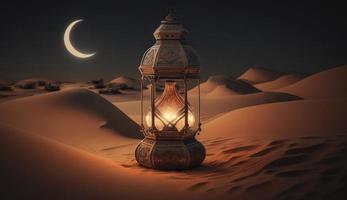 arabia Sáhara linterna y Luna preparar para saludo Ramadán o eid Mubarak tarjetas, generar ai foto