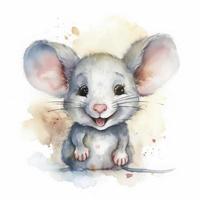 acuarela pintura de un sonriente bebé ratón, suave colores, me gusta en un para niños libro en blanco fondo, generar ai foto