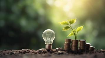 Tree growing in ligthbulb with plant growth on money in nature concept energy and business, generat ai photo