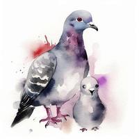 free mother pigeon with pigeon child water color, pastel ,white background , generat ai photo