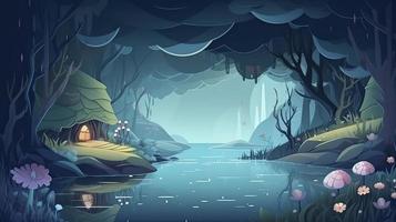 A magical fairytale landscape with a forest lake, enchanted garden, and a mysterious blue background, Generate Ai photo