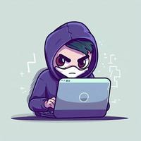 hacker operando un ordenador portátil dibujos animados icono ilustración. tecnología icono concepto aislado . plano dibujos animados estilo, generar ai foto