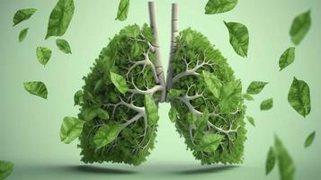 Photo conceptual image human lungs made of green leaves trees lungs of the planet fresh breath ecology clean energy modern design magazine style copy space 3d illustration 3d rendering, generat ai