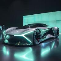 un futurista concepto coche desvelando, un pulcro y innovador diseño, un alta tecnología convención centro, un eléctrico atmósfera, generar ai foto