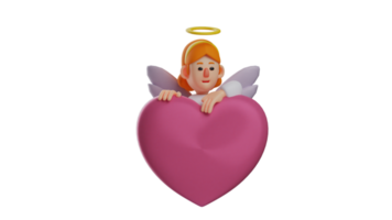 3d ilustración. adorable ángel 3d dibujos animados personaje. hermosa ángel ocultación detrás un enorme púrpura corazón. hermosa ángel sonriente felizmente mientras jugando alrededor. 3d dibujos animados personaje png
