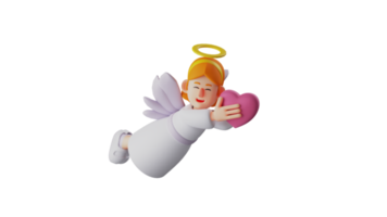 3d ilustración. pequeño ángel 3d dibujos animados personaje. el pequeño ángel mira entonces contento. adorable ángel volador mientras que lleva un púrpura corazón. hermosa ángel sonriente dulcemente. 3d dibujos animados personaje png