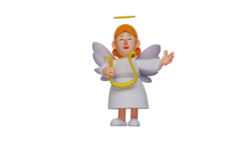 3d ilustración. hermosa ángel 3d dibujos animados personaje con blanco alas. hermosa ángel sonriente bonito y que lleva un musical instrumento. encantador hermosa ángel. 3d dibujos animados personaje png
