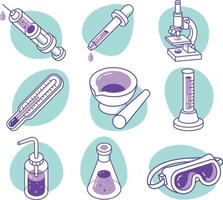 Vector set of medical icons. Glassware, microscope, test tube, pipette, thermometer, flask.