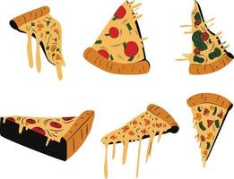 pizzas pieces for italian retro menu. Pizza slices cartoon set. Vector illustration. Isolated on white background.