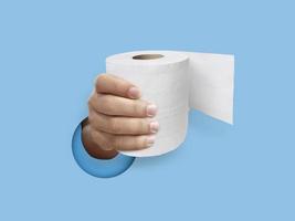 hand holding toilet paper over through the wall light blue photo