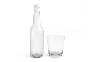 Glass empty bottle and glass on white background. 3d render photo