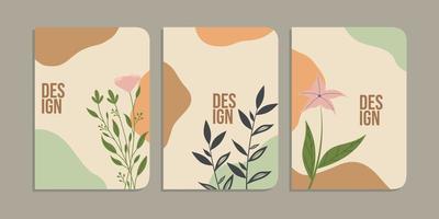 set of book cover designs with hand drawn floral decorations. abstract boho botanical background A4 size pastel blue color For book, binder, diary, planner, brochure, notebook, catalog vector