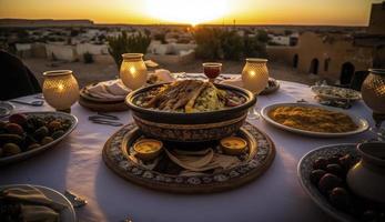 Ramadán iftar alimento, iftar comidas y reuniones, Ramadán iftar Eid. musulmán familia tiene cena a hogar. mesa con tradicional alimento. eid al-fitr celebraciones, generar ai foto