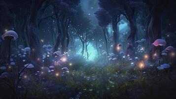 fantasía bosque a noche, magia brillante flores en cuento de hadas madera, generar ai foto