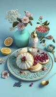 Iftar meals and gatherings with flowers , pastel colors, on blue background. Creativity of human.3d render and illustration, Generate Ai photo