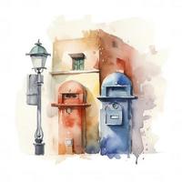 watercolor painting, a separate high-volume mailbox, the background is the smudge effect, morandi color, Generate Ai photo