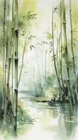 Watercolor Light Bamboo forest with side view and simple white background, with Small river, Generate Ai photo