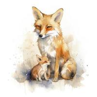 free fox mother with fox child water color, pastel ,white background , generat ai photo
