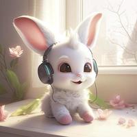 a cute and sweet pixar style white fairy baby rabbit, sweet smile, small Peach bloson around, wearing a big headphone, generat ai photo