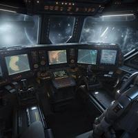 an empty spaceship cockpit with detailed controls and a great view into space. High resolution, realistic, 8k, generat ai photo