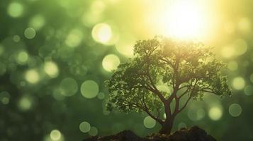 Free photo 3d background of the sun shining onto a tree against a bokeh background, generat ai