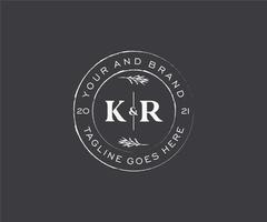 initial KR letters floral frames. Botanical feminine editable premade monoline unique decoration for greeting card, wedding invitation. vector