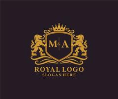 Initial MA Letter Lion Royal Luxury Logo template in vector art for Restaurant, Royalty, Boutique, Cafe, Hotel, Heraldic, Jewelry, Fashion and other vector illustration.