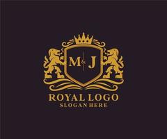 Initial MJ Letter Lion Royal Luxury Logo template in vector art for Restaurant, Royalty, Boutique, Cafe, Hotel, Heraldic, Jewelry, Fashion and other vector illustration.