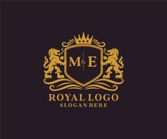 Initial ME Letter Lion Royal Luxury Logo template in vector art for Restaurant, Royalty, Boutique, Cafe, Hotel, Heraldic, Jewelry, Fashion and other vector illustration.