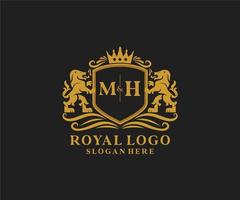 Initial MH Letter Lion Royal Luxury Logo template in vector art for Restaurant, Royalty, Boutique, Cafe, Hotel, Heraldic, Jewelry, Fashion and other vector illustration.