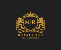 Initial MR Letter Lion Royal Luxury Logo template in vector art for Restaurant, Royalty, Boutique, Cafe, Hotel, Heraldic, Jewelry, Fashion and other vector illustration.