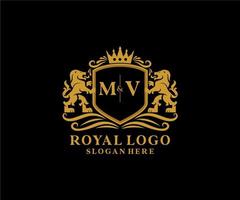 Initial MV Letter Lion Royal Luxury Logo template in vector art for Restaurant, Royalty, Boutique, Cafe, Hotel, Heraldic, Jewelry, Fashion and other vector illustration.