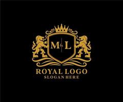 Initial ML Letter Lion Royal Luxury Logo template in vector art for Restaurant, Royalty, Boutique, Cafe, Hotel, Heraldic, Jewelry, Fashion and other vector illustration.