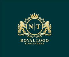 Initial NT Letter Lion Royal Luxury Logo template in vector art for Restaurant, Royalty, Boutique, Cafe, Hotel, Heraldic, Jewelry, Fashion and other vector illustration.
