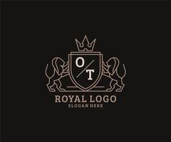 Initial OT Letter Lion Royal Luxury Logo template in vector art for Restaurant, Royalty, Boutique, Cafe, Hotel, Heraldic, Jewelry, Fashion and other vector illustration.