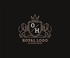 plantilla de logotipo de lujo real de león de letra oh inicial en arte vectorial para restaurante, realeza, boutique, cafetería, hotel, heráldica, joyería, moda y otras ilustraciones vectoriales. vector