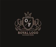 Initial OF Letter Lion Royal Luxury Logo template in vector art for Restaurant, Royalty, Boutique, Cafe, Hotel, Heraldic, Jewelry, Fashion and other vector illustration.