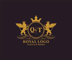 Initial QT Letter Lion Royal Luxury Heraldic,Crest Logo template in vector art for Restaurant, Royalty, Boutique, Cafe, Hotel, Heraldic, Jewelry, Fashion and other vector illustration.