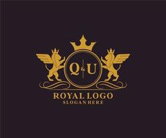 Initial QU Letter Lion Royal Luxury Heraldic,Crest Logo template in vector art for Restaurant, Royalty, Boutique, Cafe, Hotel, Heraldic, Jewelry, Fashion and other vector illustration.