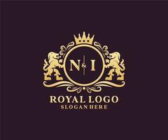 Initial NI Letter Lion Royal Luxury Logo template in vector art for Restaurant, Royalty, Boutique, Cafe, Hotel, Heraldic, Jewelry, Fashion and other vector illustration.