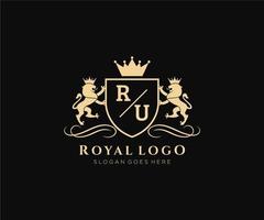 Initial RU Letter Lion Royal Luxury Heraldic,Crest Logo template in vector art for Restaurant, Royalty, Boutique, Cafe, Hotel, Heraldic, Jewelry, Fashion and other vector illustration.