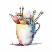 cup with brushes very light pastel colors, watercolor, light colors on white background, generat ai photo