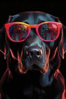 a charming and playful image of a black Labrador wearing red sunglasses, Generate Ai photo