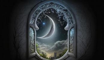 místico ventana con creciente Luna en noche cielo, islámico saludo eid Mubarak para musulmán vacaciones. eid-ul-adha festival celebracion. Arábica Ramadán Kareem, generar ai foto